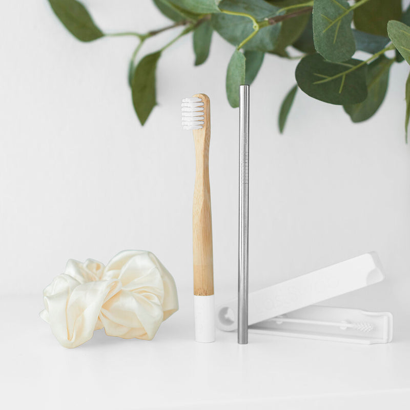 Bamboo Toothbrush White Sucka Reusable Silver Metal Straw LastSwab reusable coton swab white and white hair scrunchie