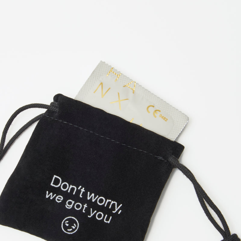 Black Velvet Drawstring Bag with Hanx Vegan condom