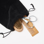 Black Velvet Drawstring Bag with bamboo brush bamboo comb and foldable scissors